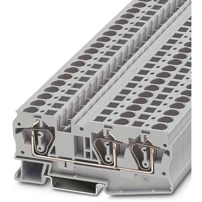 Šedý viacstupňový modulárny svorkovnicový blok s medenými prípojkami, vhodný na montáž na DIN lištu v elektronických rozvádzačoch.