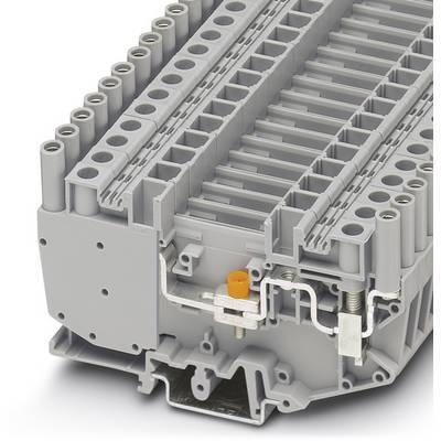 Sivý elektrický rozvodný modul s viacerými slotmi a prípojkami, používaný pre priemyselné aplikácie.