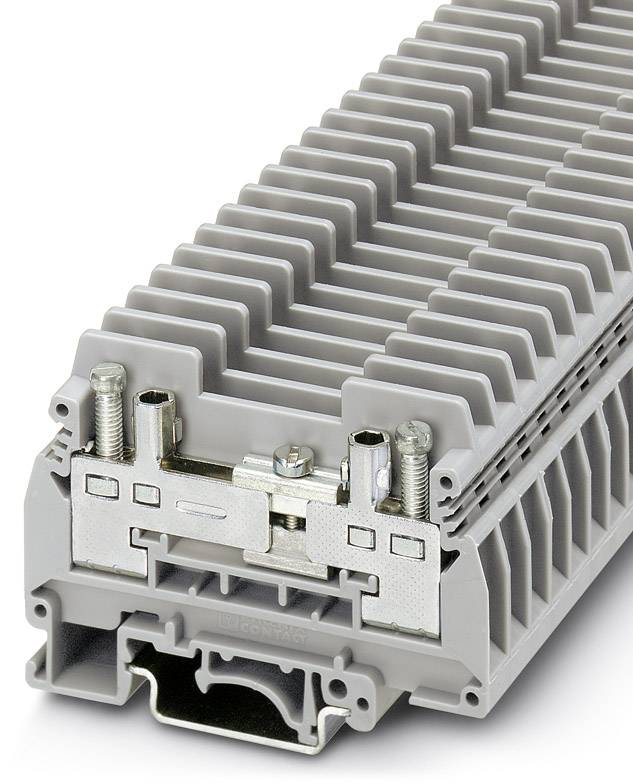 Sivý elektrický pripojovací blok s viacerými slotmi a skrutkami, používaný pre elektrické prepojenia v rozvádzačoch.