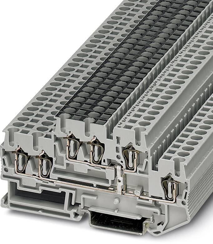 Šedý, viacvrstvový elektrický radový svorkovnicový blok s viacerými pripojovaciami miestami. Ideálny pre priemyselné aplikácie.