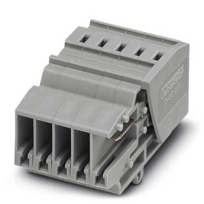 Sivý, obdĺžnikový elektrický konektor s viacerými kontaktmi na hornej strane a bočnými zaisťovacími prvkami.