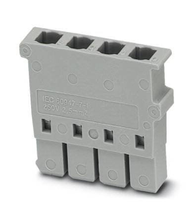 Sivý elektrický konektor so štyrmi zásuvkami, na ktorom je nápis 'IEC 60947-7-1 250V 2.5mm²'.