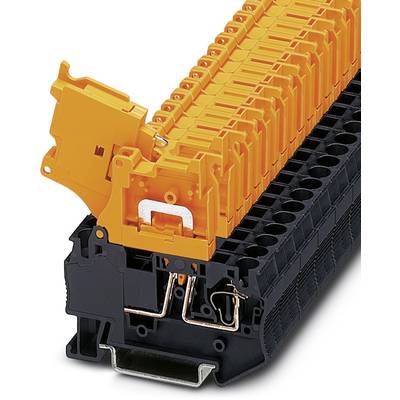 Elektrické pripájacie svorky s oranžovou pákou na čiernom kryte, zobrazujúce internú kabeláž a zaisťovací mechanizmus.