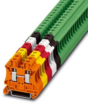 Viacfarebná radová svorka so zelenými, čiernymi, bielymi, červenými, žltými a oranžovými sekciami pre čiastkovo špecifické elektrické prepojenia.