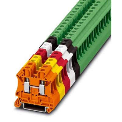 Viacfarebná radová svorka so zelenými, čiernymi, bielymi, červenými, žltými a oranžovými sekciami pre čiastkovo špecifické elektrické prepojenia.