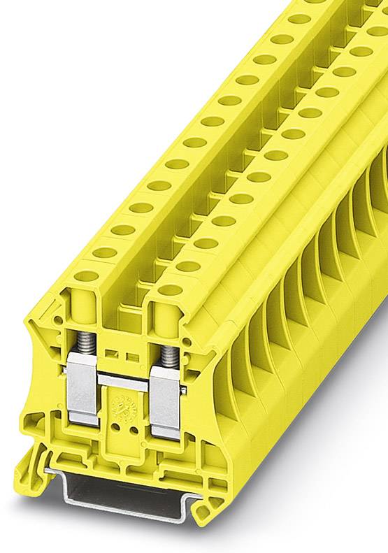 Žltý radový svorkovnicový blok s viacerými možnosťami pripojenia a stabilnou montážou na DIN lištu. Ideálny pre elektrické inštalácie.