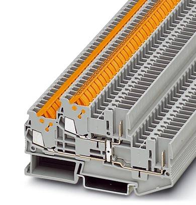 Zväzok sivých svorkovníc s oranžovými komponentmi, znázornený v priečnom reze, určený na elektrické zapojenie a prepojenie.