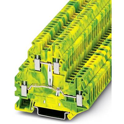 Žlto-zelený radový svorkovnicový blok s viacerými prípojkami, používaný pre elektrické prepojenia v rozvádzačových inštaláciách.