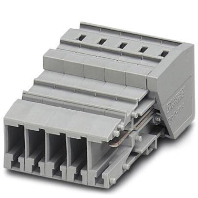 Sivý plastový pripojovací blok s viacerými konektormi na elektrické pripojenie, vhodný pre priemyselné aplikácie.