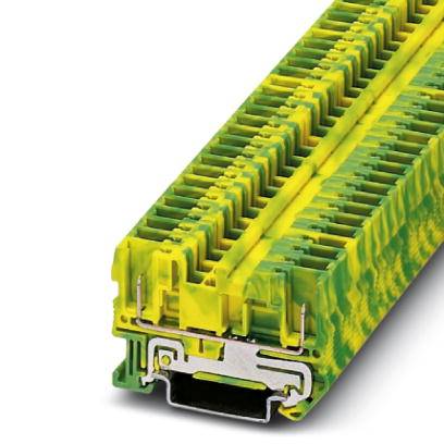 Elektrická pripájacia svorka v žlto-zelenej farbe, používaná pre izolované spoje v elektroinštaláciách, pohľad spredu.