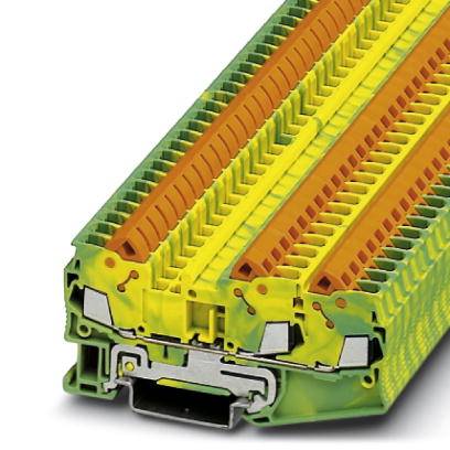 Žlto-zelený, vrstvený elektrický konektor s viacerými svorkami v rade, ktorý slúži na elektrické prepojenie vodičov.