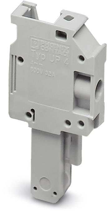 Sivý elektrický držiak poistky s nápisom 'Typ UP 4'. Vhodný pre 800V, 32A. Používaný v elektrických rozvádzačoch.