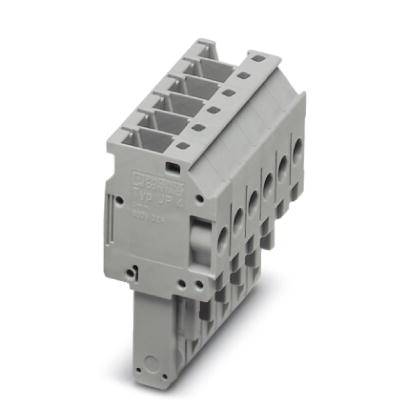 Šedý elektrický rozvodný blok so svorkami, vhodný na upevnenie na DIN lištu.