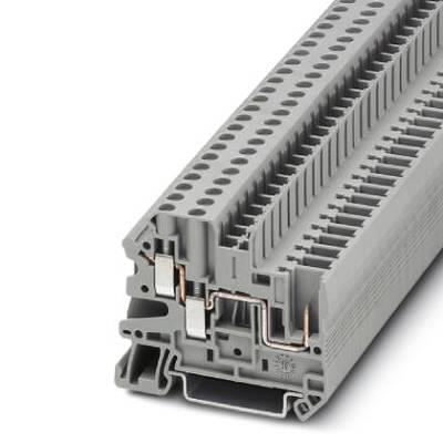 Šedý radový svorkovnicový blok s viacerými pripojovacími svorkami v jednom rade, určený na použitie v elektrických rozvádzačoch alebo ovládacích systémoch.