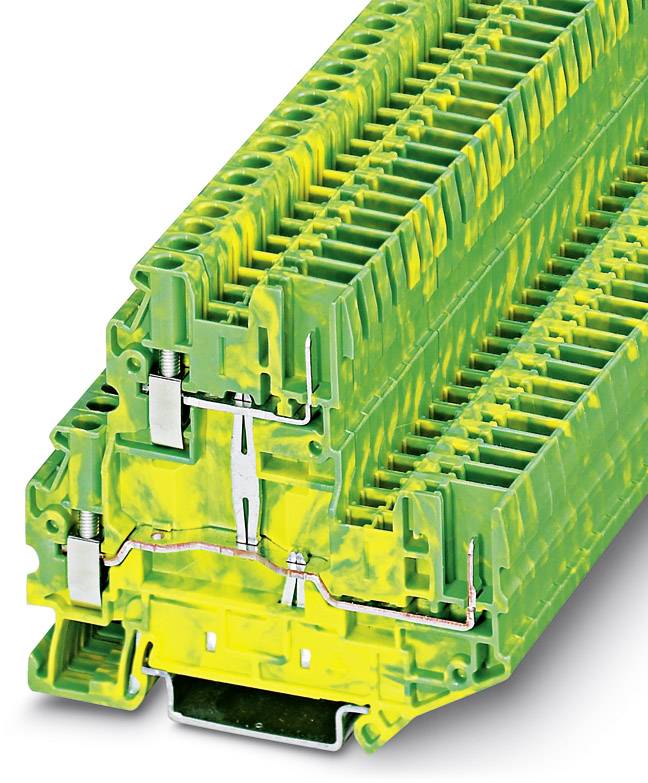 Zelené a žlté elektrické svorkovnicové moduly, naskladané v rozvodnom systéme. Umožňujú bezpečné prepojenie káblov.