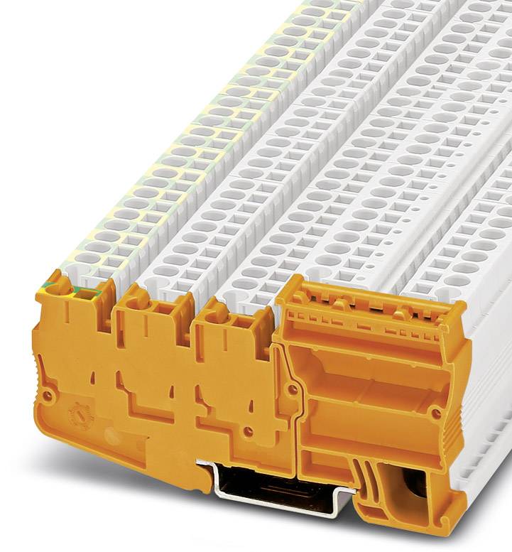 Elektrická svorkovnica v bielej a oranžovej farbe, zobrazujúca viaceré možnosti pripojenia káblov. Určená primárne pre priemyselnú elektrotechniku.