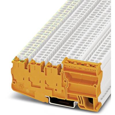 Elektrická svorkovnica v bielej a oranžovej farbe, zobrazujúca viaceré možnosti pripojenia káblov. Určená primárne pre priemyselnú elektrotechniku.