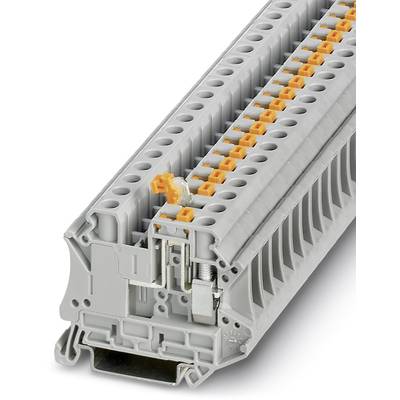 Šedá radová svorka s viacerými pripojovacími miestami a oranžovými pákami. Slúži na prepájanie elektrických vodičov v rozvádzačoch.