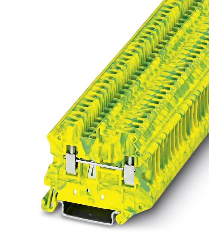 Žlto-zelený vzorovaný radový svorkovnicový blok, ktorý sa používa v elektrických rozvádzačoch na bezpečné spájanie vodičov.