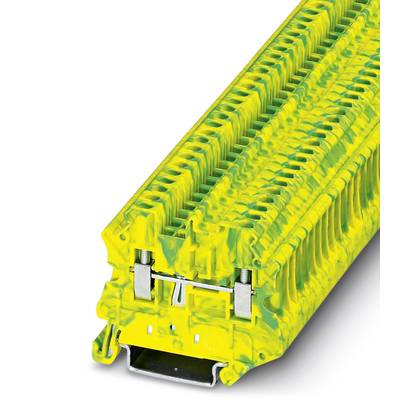 Žlto-zelený vzorovaný radový svorkovnicový blok, ktorý sa používa v elektrických rozvádzačoch na bezpečné spájanie vodičov.