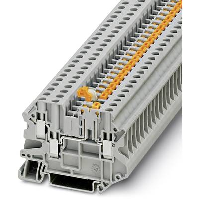 Sivá radová svorka s oranžovými pákami, znázornená ako vrstvené moduly, používaná na spájanie elektrických vodičov v rozvádzačoch.