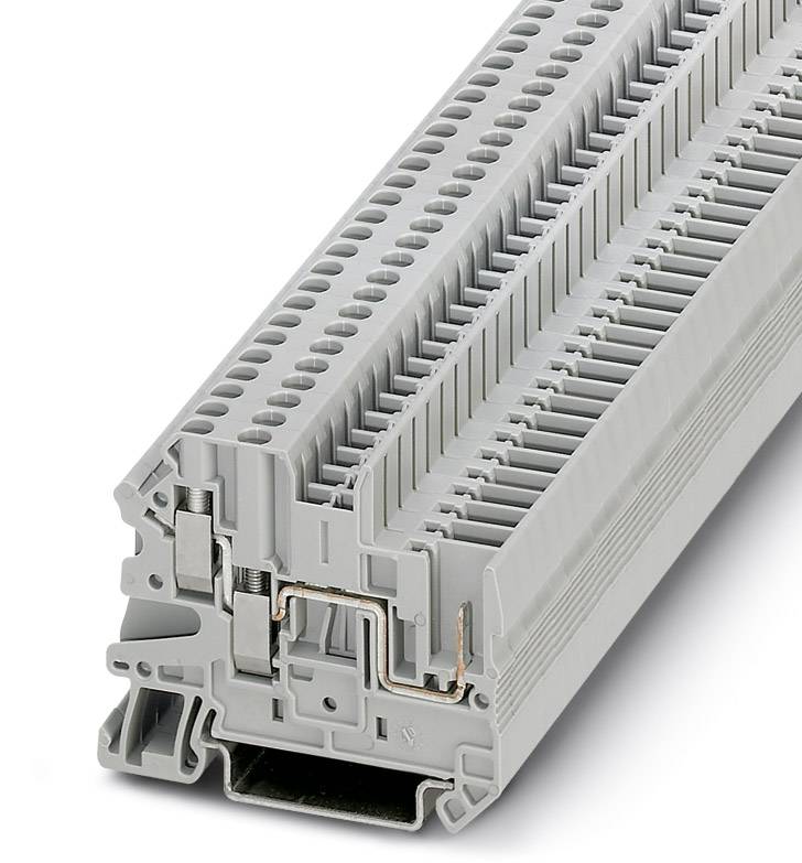 Sivá viacúrovňová elektrická svorkovnica používaná na pripojenie vodičov v priemyselných aplikáciách.