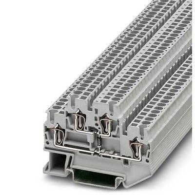 Sivá, viacposchodová radová svorka v detailnom zábere, s viacerými možnosťami pripojenia elektrických vodičov, zobrazuje technické detaily.
