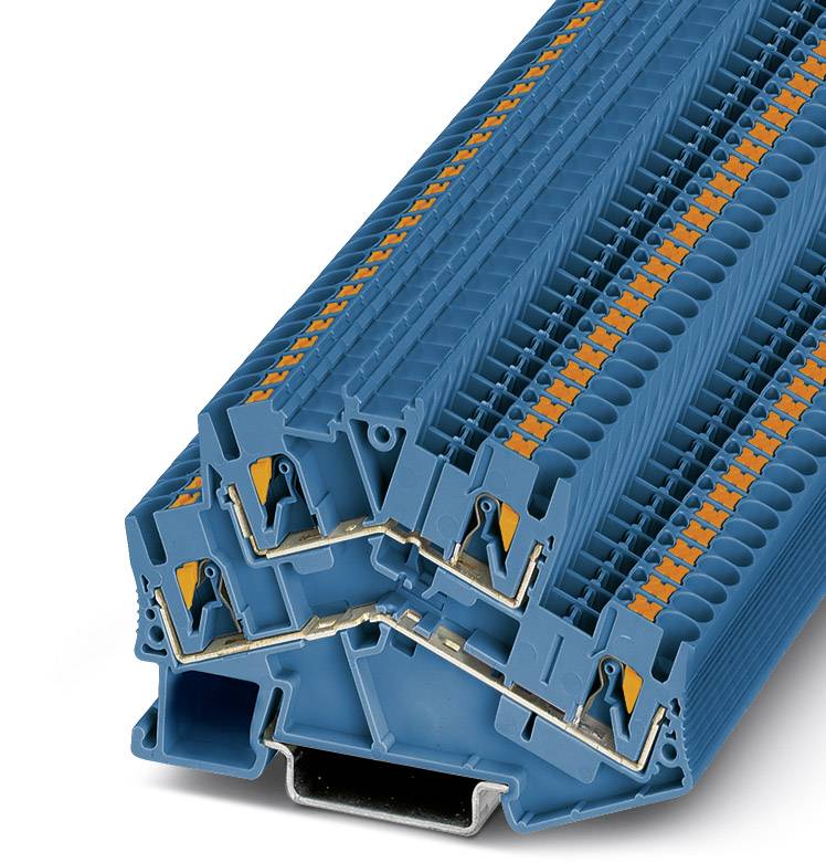 Stoh modrých radových svoriek s oranžovými zaisťovacími mechanizmami v pyramídovitom tvare. Sú určené pre elektrickú kabeláž v rozvádzačoch.