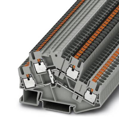 Šedé elektrické radové svorky s oranžovými tlačidlami, stohovateľné a modulárne navrhnuté, určené na spájanie káblov v rozvádzačoch.