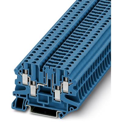 Modrý modulárny radový svorkovnicový blok na prepojenie elektrických vodičov. Má viacero pripojovacích bodov.