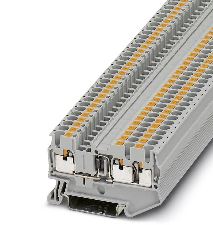 Šedý rozvodný svorkovnicový modul s viacerými pripojovaciami miestami a oranžovými zaisťovacími prvkami pre elektrické rozvádzače.