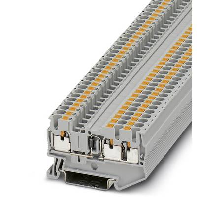 Šedý rozvodný svorkovnicový modul s viacerými pripojovaciami miestami a oranžovými zaisťovacími prvkami pre elektrické rozvádzače.