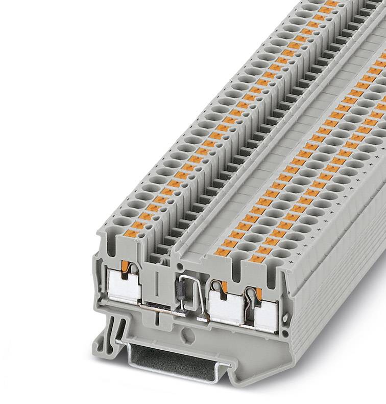 Sivé radové svorky s oranžovou pákou, viackrát navrstvenej. Elektrické svorkovacie pripojenie pre bezpečné zapojenie v rozvádzačoch.