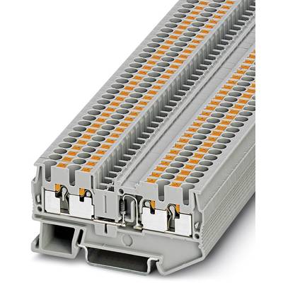 Šedý radový svorkovnicový blok s dvoma úrovňami a oranžovými tlačnými tlačidlami. Vhodný pre jednoduché pripojenie elektrických vodičov.