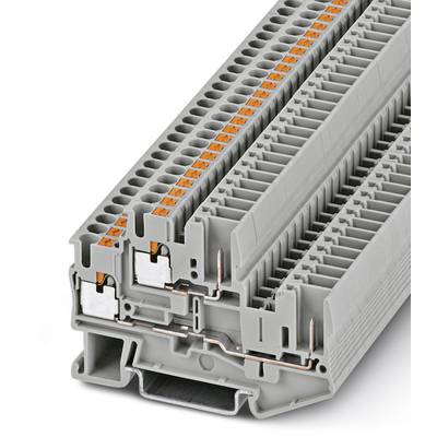 Sivá radová svorkovnica s viacerými pripojeniami pre zapojenie v elektrických rozvádzačoch, pohľad z boku.