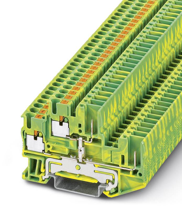 Žlto-zelený radový svorkovnicový blok s viacerými pripojeniami, vhodný pre elektrické zapojenia v rozvádzačoch.