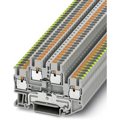 Obrázok sivého elektrického rozvádzača svoriek s viacerými úrovňami pre upevnenie vodičov. Horná strana s oranžovými a zelenými vložkami.