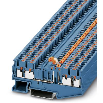 Elektrická radová svorkovnica s viacerými radami pripojovacích svoriek v modrej a oranžovej farbe.