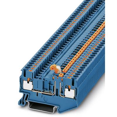 Modrý radový svorkovnicový blok s viacerými oranžovými pripojovacími bodmi. Používa sa na bezpečné zapojenie v elektrických rozvádzačoch.