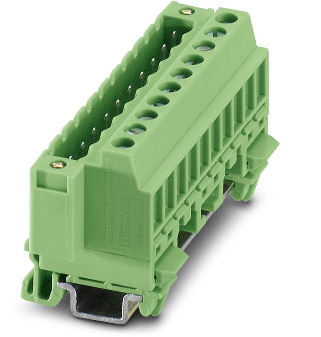 Zelený viacvstupový konektor vhodný na montáž na DIN lištu, používaný v elektrických aplikáciách.