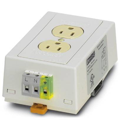 Elektrické zásuvkové zariadenie s dvoma zásuvkami. Má prípojky pre fázu (L), nulový vodič (N) a uzemnenie (symbol uzemnenia).