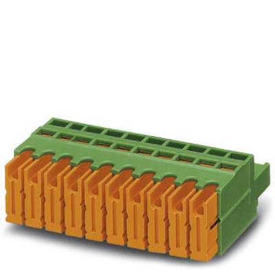 Zelený konektor s oranžovými svorkami, vhodný pre elektrické pripojenia. Pohľad z boku zobrazuje detail kontaktov.