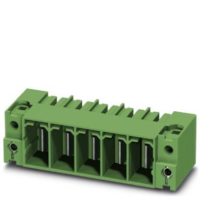 Zelený elektrický konektor s piatimi kontaktmi, vhodný pre montáž na dosku plošných spojov v elektronických obvodoch.