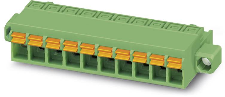 Zelený elektronický konektor s desiatimi oranžovými svorkami na prepojenie elektrických vodičov.