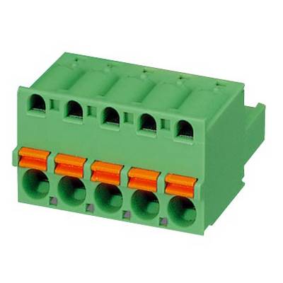 Zelený konektor s piatimi kontaktmi a oranžovými zaisťovacími mechanizmami, vhodný pre elektrické prepojenia.