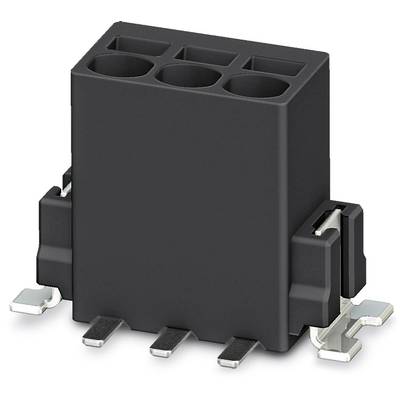 Čierny elektrický konektor s šiestimi kovovými kontaktmi a tromi zásuvkami, umiestnený vo vertikálnej polohe.