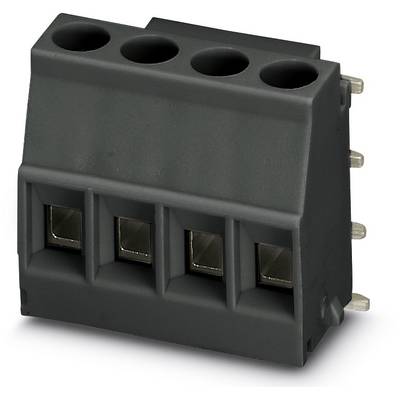 Čierna, štvorpólová, obdĺžniková svorkovnica pre elektronické obvody s prípojmi na jednej strane.