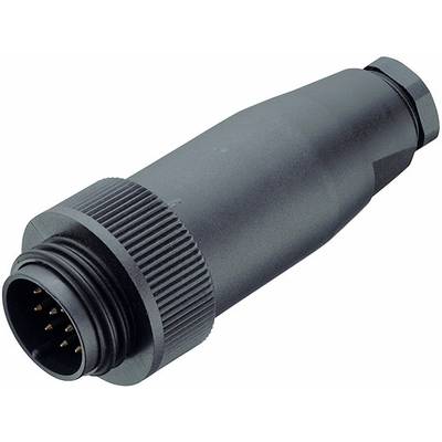 Čierny, guľatý konektor s viacerými kovovými pinmi, vhodný pre elektronické prepojenia.