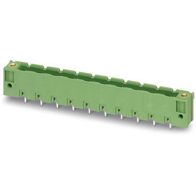 Zelený elektrický konektor s kovovými pinmi, zobrazený v horizontálnej polohe. Vhodný pre elektronické obvody.