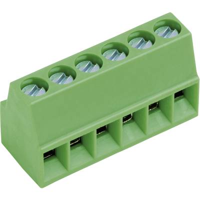 Zelený, šesťpólový svorkovnicový blok dosky plošných spojov pre elektrické pripojenia, pohľad zhora, s kovovými skrutkovými svorkami.
